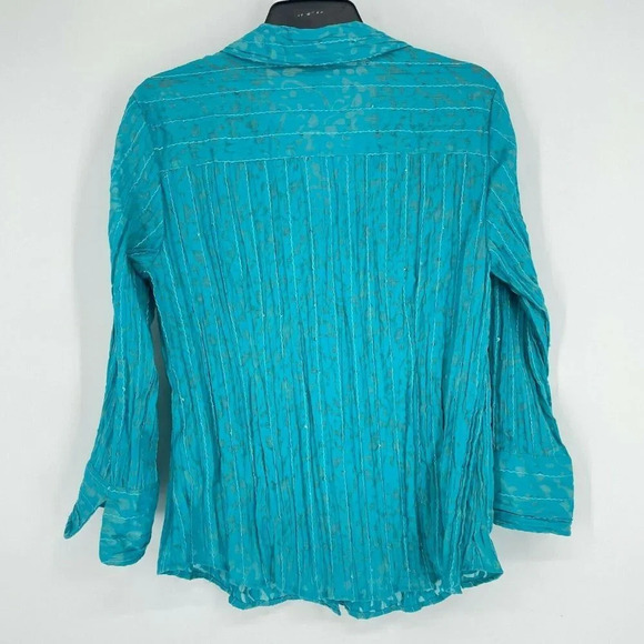 JM Collection Shirt Womens Sz 12 Blue Green Crepe Collared Button Up Long Sleeve - Picture 2 of 7